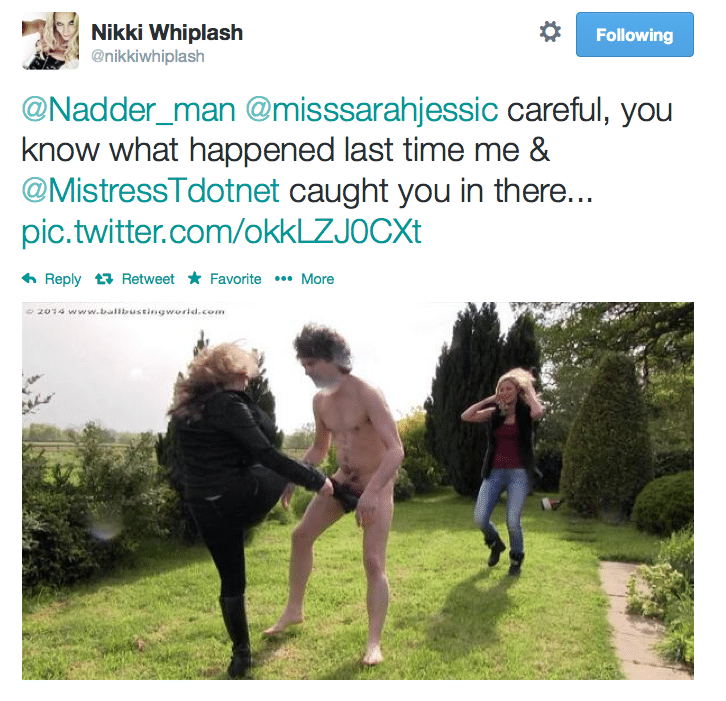 Action shot & tweet about Nikki & I ballbusting this perv. (Follow Niiki Whiplash on twitter! She probably won't smash your nuts.)