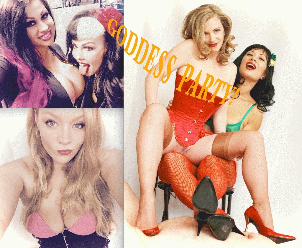 Top left: Samantha Mack with Evilyn13 (tongue out). Bottom left: Skylar Heart Right: Mistress T sitting on Miss Jasmine's lap.